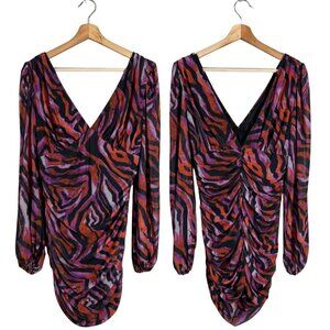 ASOS Zebra Print Plunge Long Sleeve Mini Dress Women's 10 Going Out Party Ruched